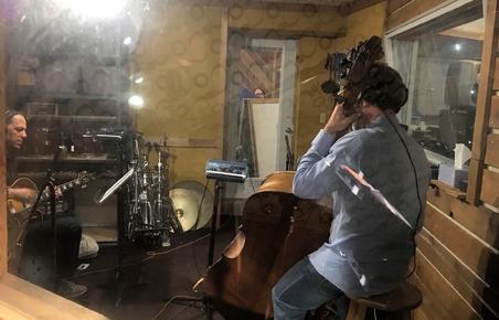 2019 Guitarist Andy Brown and bassist Dennis Carroll in the isolation booth recording tracks for Frank Lamphere's "America the Beautiful Swinging" CD