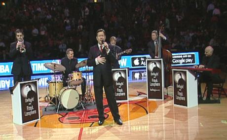 Rat Pack style singer Frank Lamphere and his band performing center court, in front of 22,000 people at the United Center 